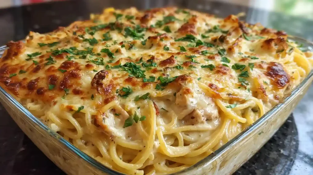 Close-up of a golden cheesy chicken spaghetti casserole baked in a glass dish, topped with parsley and bubbling melted cheese.