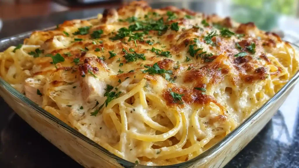 Baked cheesy chicken spaghetti casserole with golden brown topping, melted cheese, and parsley garnish in a glass dish.