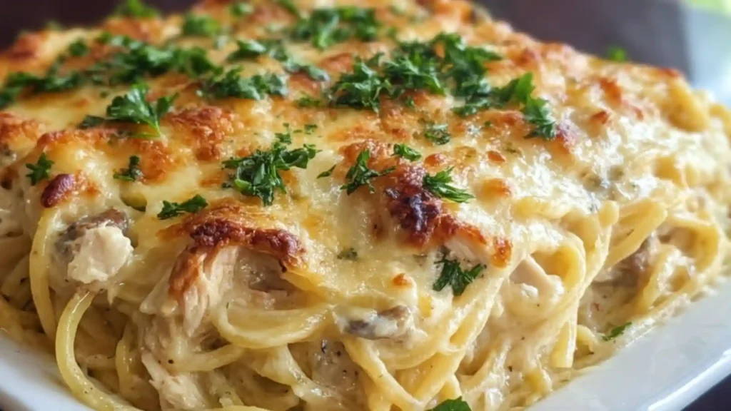 Close-up of creamy cheesy chicken spaghetti casserole with golden melted cheese, mushrooms, and parsley on a white plate.
