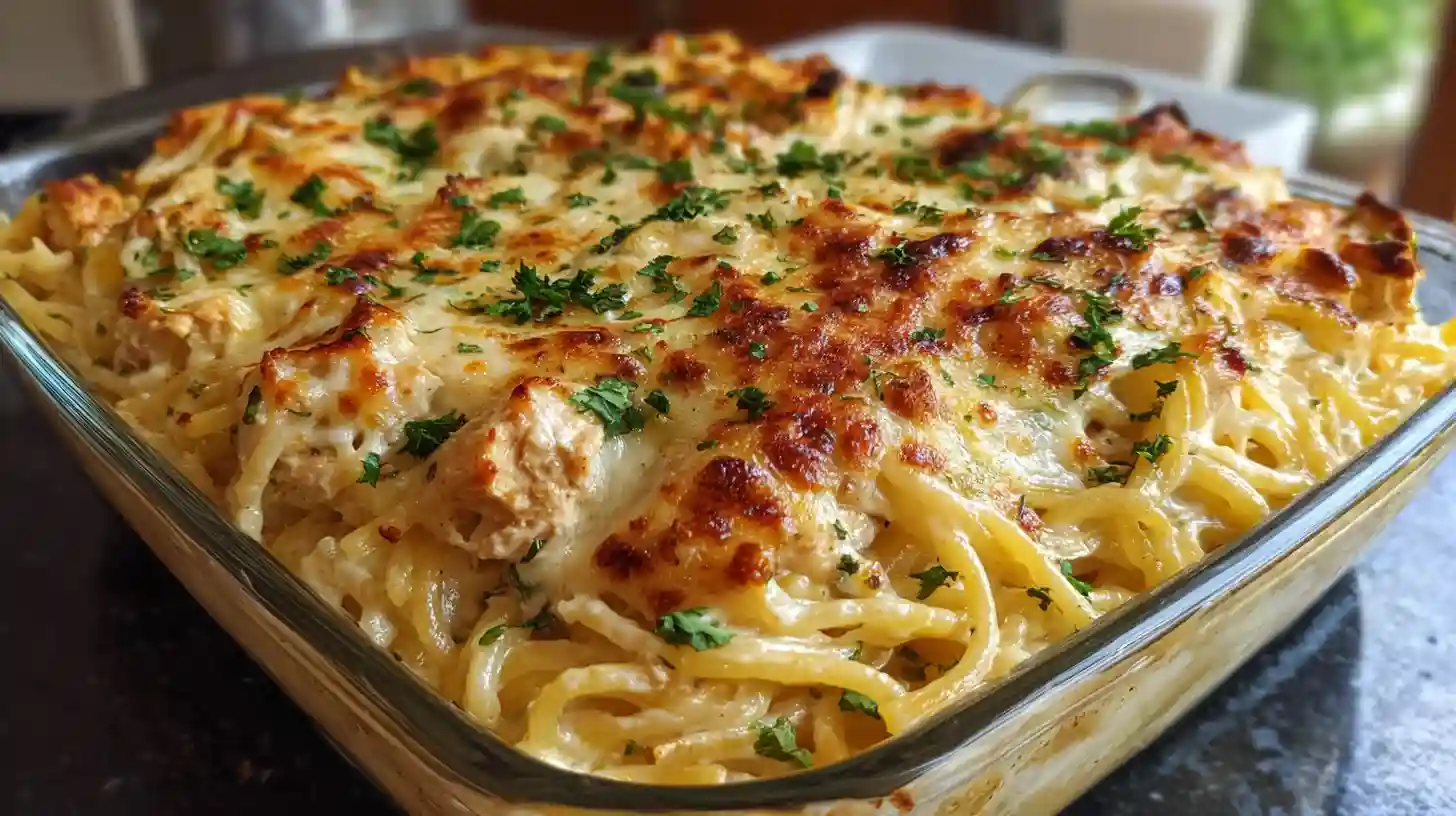 Golden cheesy chicken spaghetti casserole with creamy layers and crispy topping, garnished with fresh parsley in a glass baking dish.