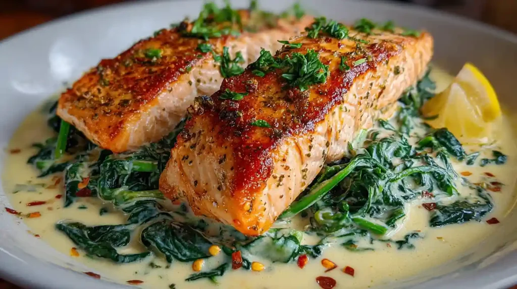Pan-seared salmon with creamy spinach Parmesan sauce, served Florentine-style