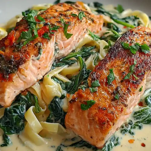 Seared salmon fillets over creamy spinach and pasta in a Florentine-style sauce
