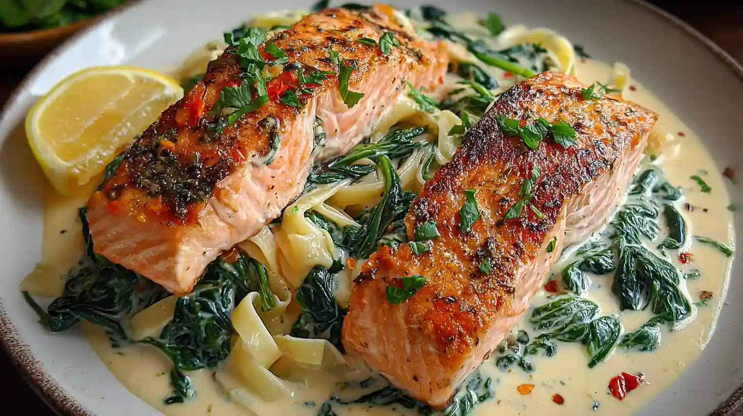 Seared salmon fillets over creamy spinach and pasta in a Florentine-style sauce