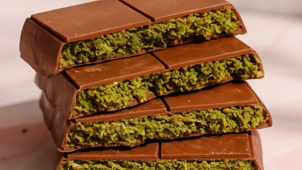 Homemade Dubai Chocolate Bars with crispy kataifi pastry and pistachio cream filling coated in milk chocolate.