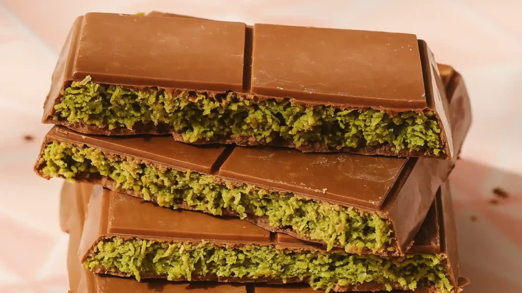 Dubai Chocolate Bars filled with crispy kataifi pastry and pistachio cream, coated in smooth milk chocolate.