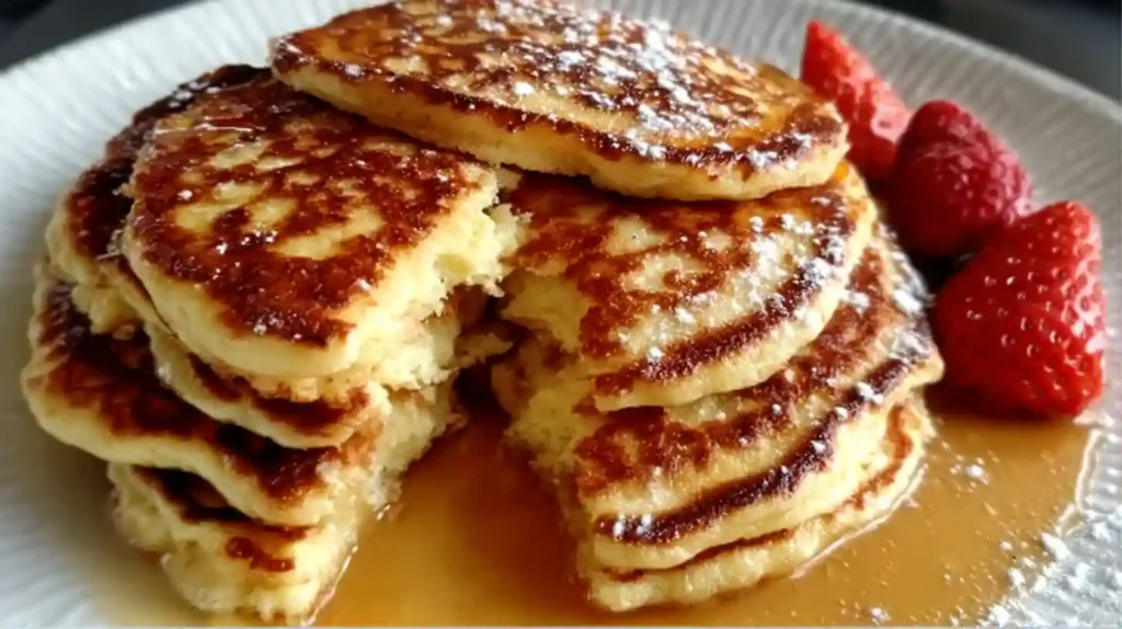 Flourless cottage cheese pancakes stacked with powdered sugar, maple syrup, and fresh strawberries on a white plate.