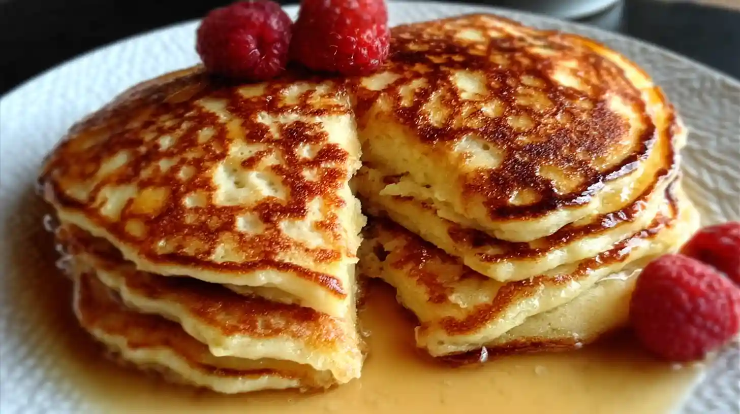 Stack of golden flourless cottage cheese pancakes with maple syrup, fresh raspberries, and a side of yogurt or cream.