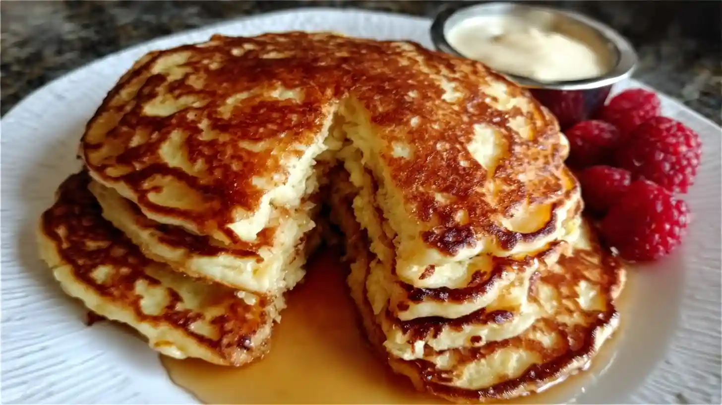 Flourless cottage cheese pancakes stacked with golden edges, topped with fresh raspberries and maple syrup.