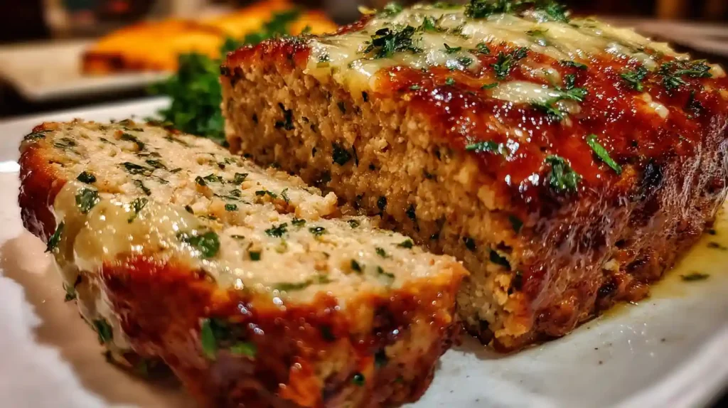 Sliced garlic butter turkey meatloaf with melted glaze and herbs on a white plate.