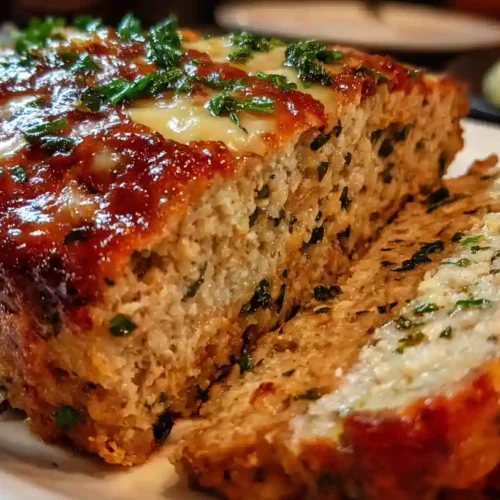 Garlic butter turkey meatloaf sliced on a plate, showing moist interior and caramelized glaze with herbs.