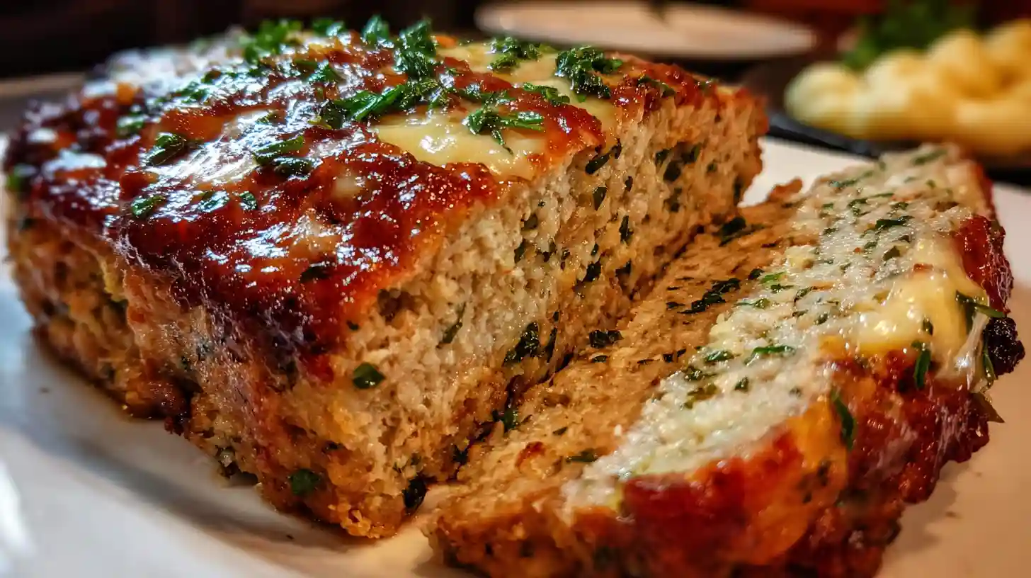 Garlic butter turkey meatloaf sliced on a plate, showing moist interior and caramelized glaze with herbs.