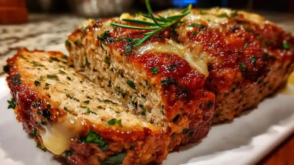 Garlic butter turkey meatloaf sliced with gooey glaze, fresh herbs, and a sprig of rosemary on top.