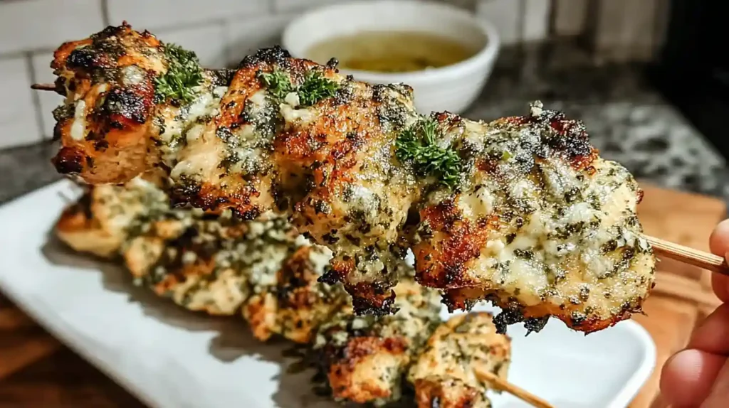 Grilled garlic parmesan chicken skewers topped with crumbled cheese and herbs, served on a plate with lemon wedges and a bowl of extra cheese.