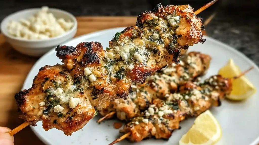 Close-up of golden garlic parmesan chicken skewers topped with herbs, served hot on a skewer with dipping sauce in the background.