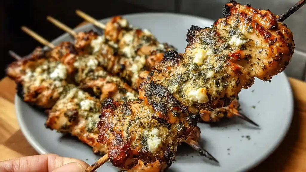 Close-up of garlic parmesan chicken skewers, grilled to golden perfection and served on a gray plate.