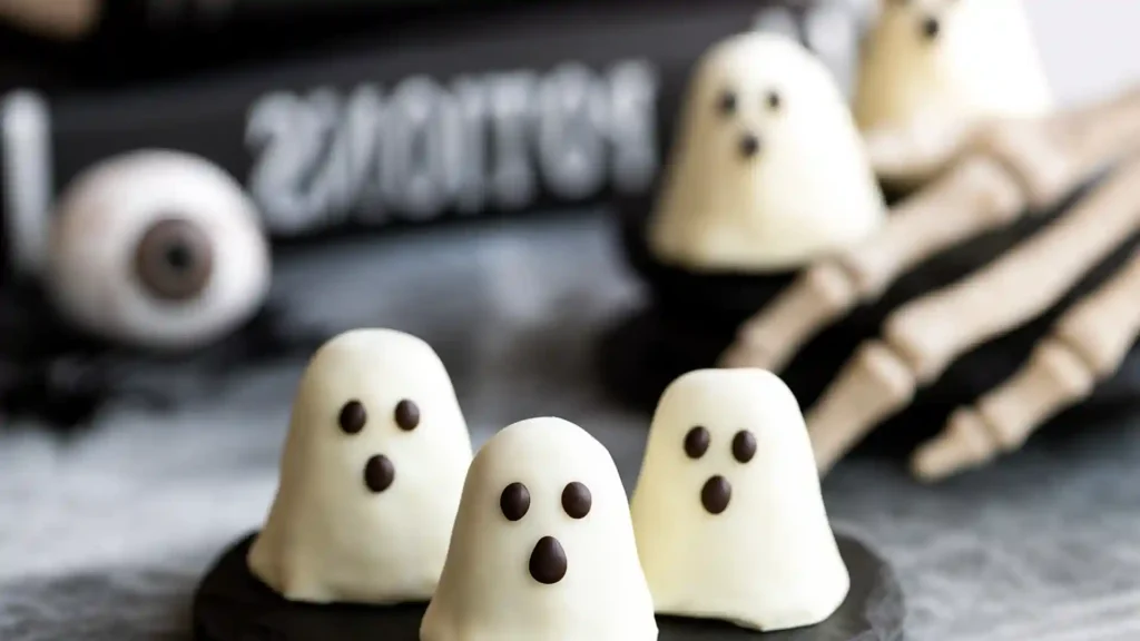 Ghost Oreo balls decorated with chocolate eyes and mouths, arranged on black plates with Halloween props in the background