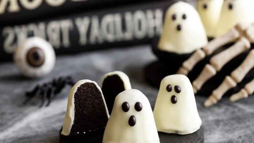 Ghost Oreo balls with white chocolate coating, one cut open to show the dark Oreo filling inside