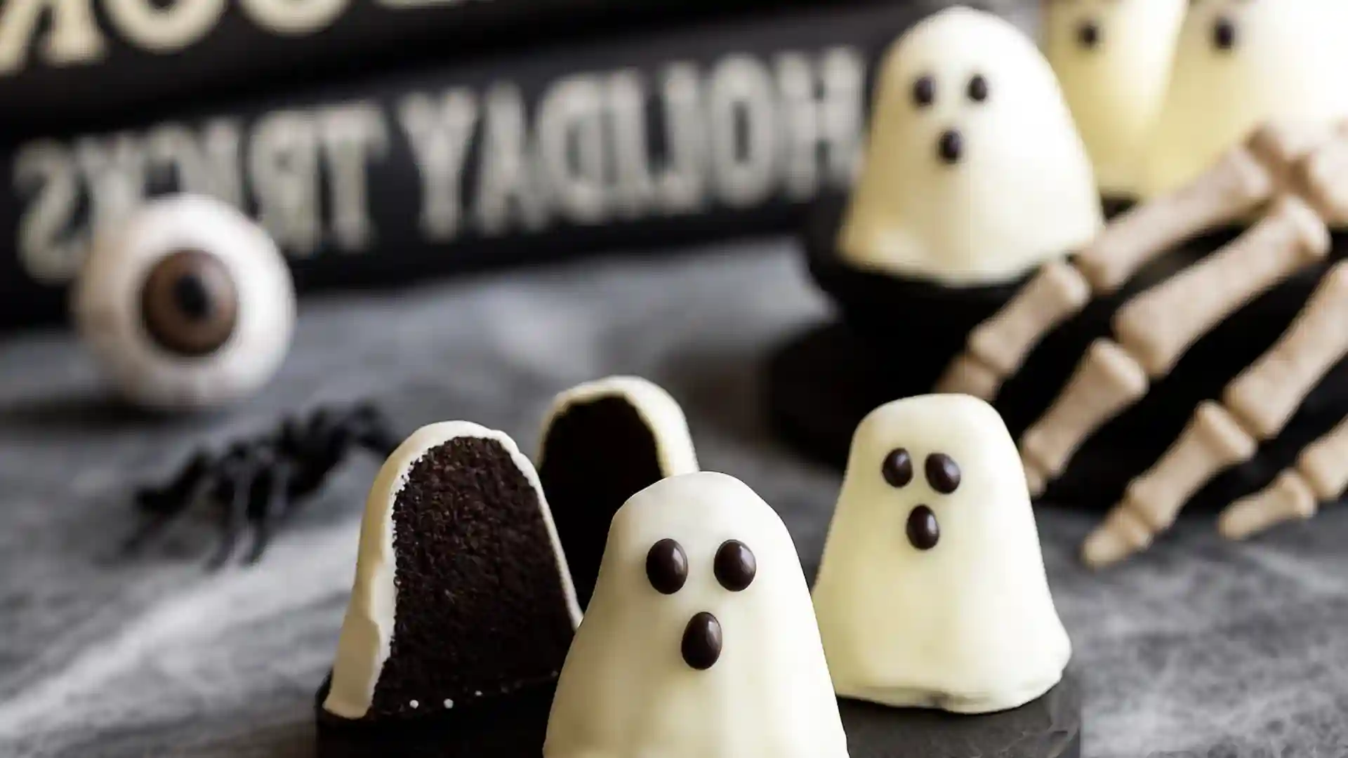 Ghost Oreo balls with white chocolate coating, one cut open to show the dark Oreo filling inside