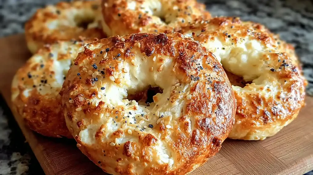 Freshly baked Greek yogurt bagels with sesame and poppy seeds on a wooden board.
