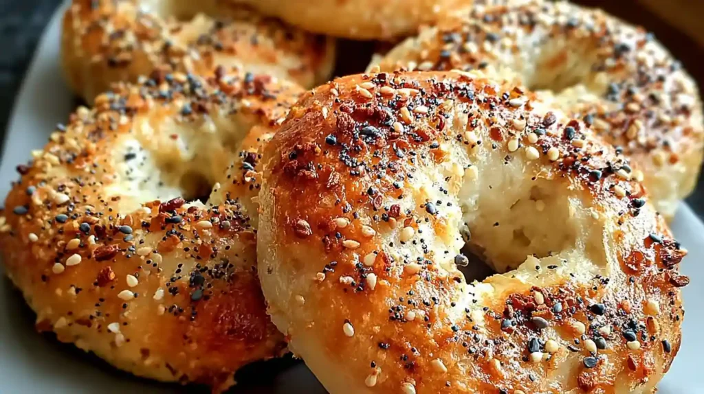 Golden brown Greek yogurt bagels topped with seeds, freshly baked on a wooden board.