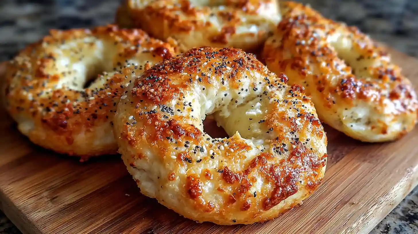 Freshly baked Greek yogurt bagels topped with everything seasoning on a plate.