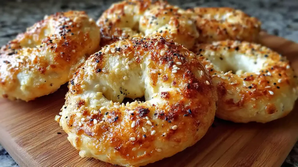 Golden brown Greek yogurt bagels topped with sesame and poppy seeds on a wooden board