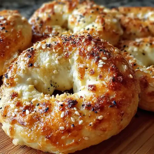 Golden brown Greek yogurt bagels topped with sesame and poppy seeds on a wooden board