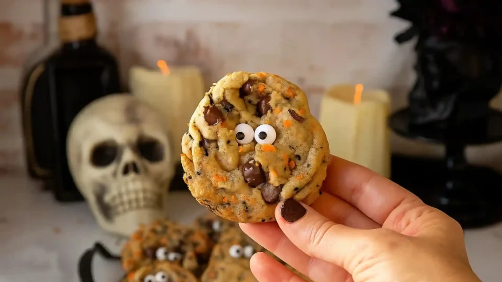 Hand holding a Halloween chocolate chip cookie with candy eyes and sprinkles, with spooky decorations in the background.
