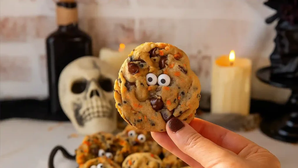 Hand holding a Halloween chocolate chip cookie with candy eyes and chocolate chunks, with skull and candles in spooky background.