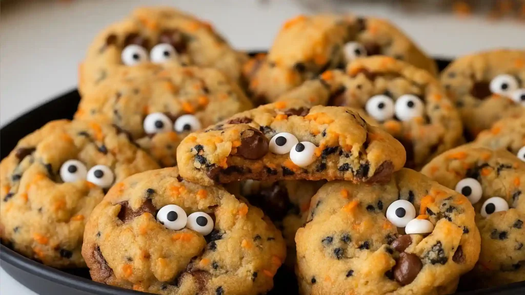 Plate of Halloween chocolate chip cookies with candy eyes and orange sprinkles, featuring one cookie broken in half.