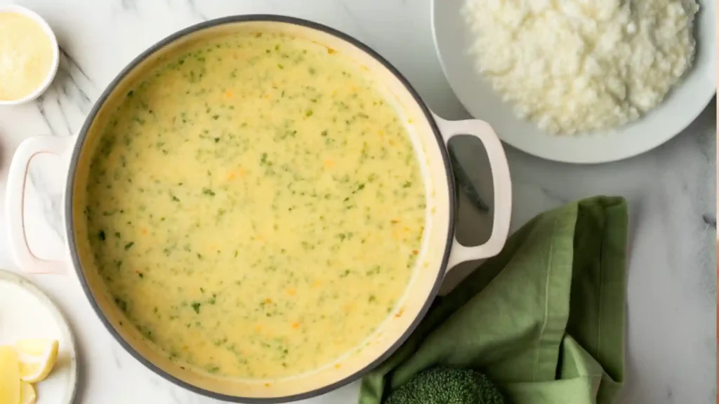 Creamy high protein broccoli cheddar soup in a white pot with fresh broccoli and cheese on the side.