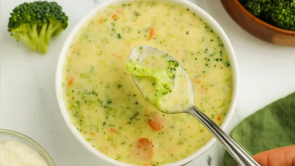 Spoonful of creamy high protein broccoli cheddar soup with broccoli and carrots in a white bowl.