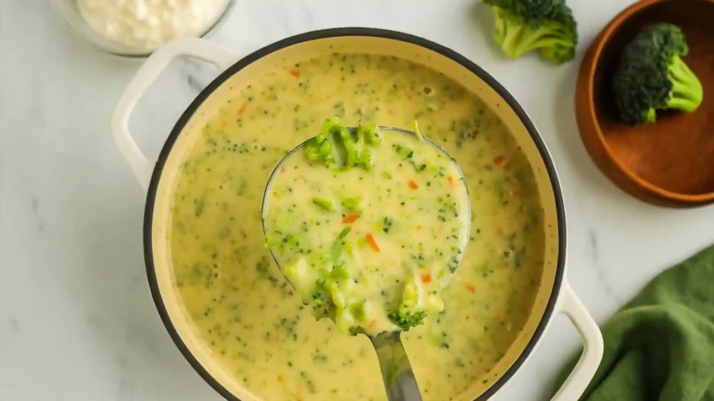 Ladle of creamy high protein broccoli cheddar soup with broccoli and carrots in a white pot.
