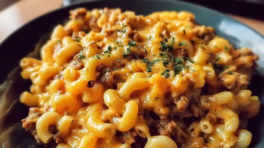 Homemade hamburger helper with cheesy elbow pasta and ground beef, topped with parsley and served in a dark bowl