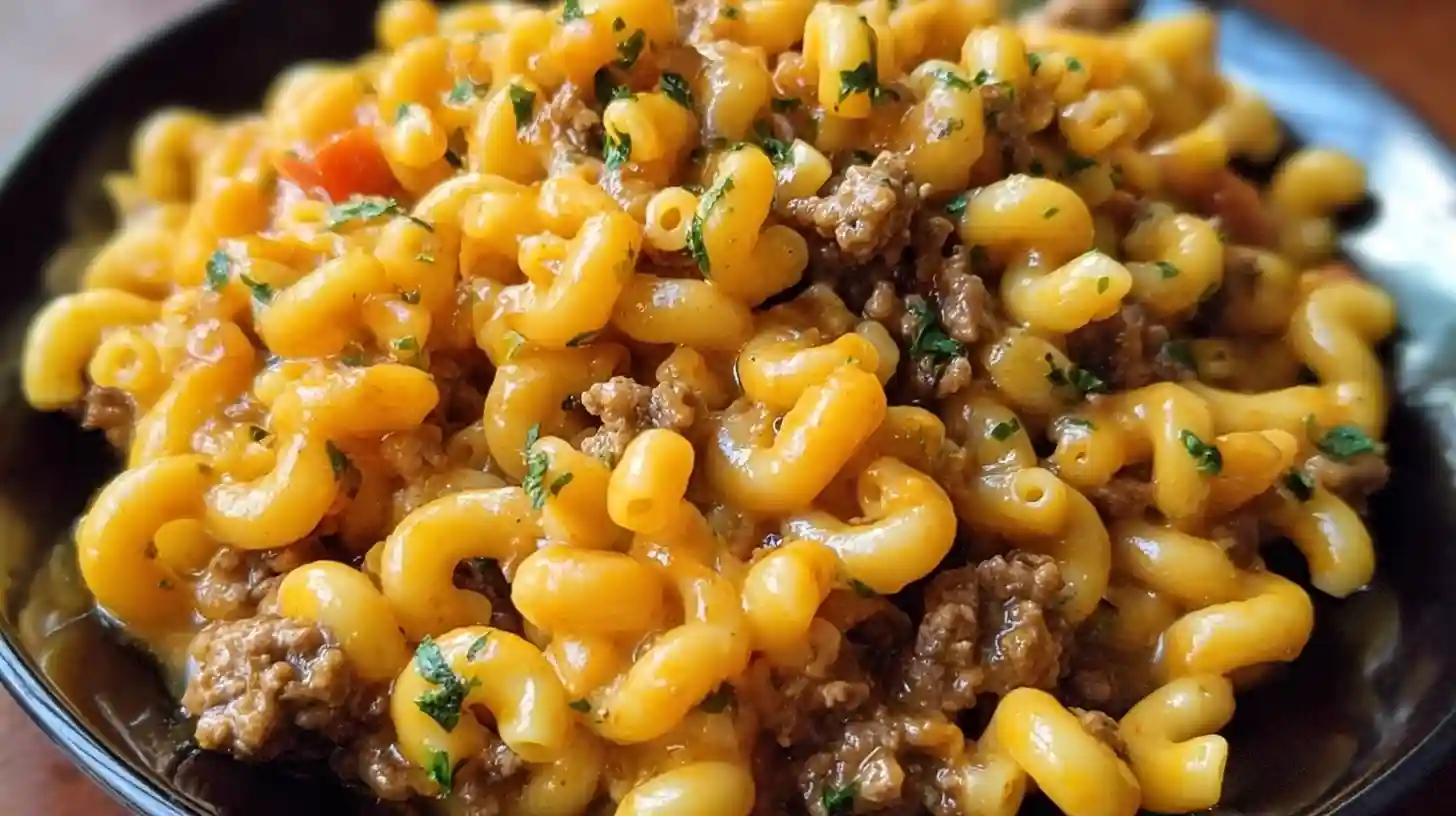 Bowl of homemade hamburger helper with elbow pasta, ground beef, and melted cheddar, garnished with fresh parsley