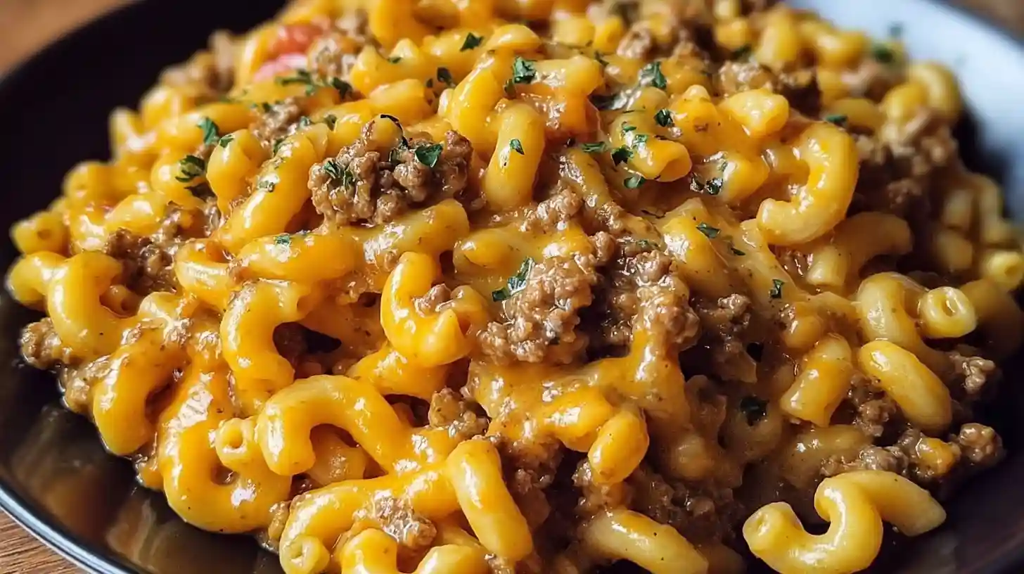 Close-up of creamy homemade hamburger helper with ground beef and cheddar cheese in a black bowl