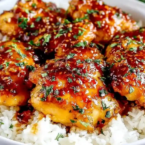 Sticky honey garlic chicken thighs glazed in a rich sauce, served over fluffy white rice and topped with fresh parsley.