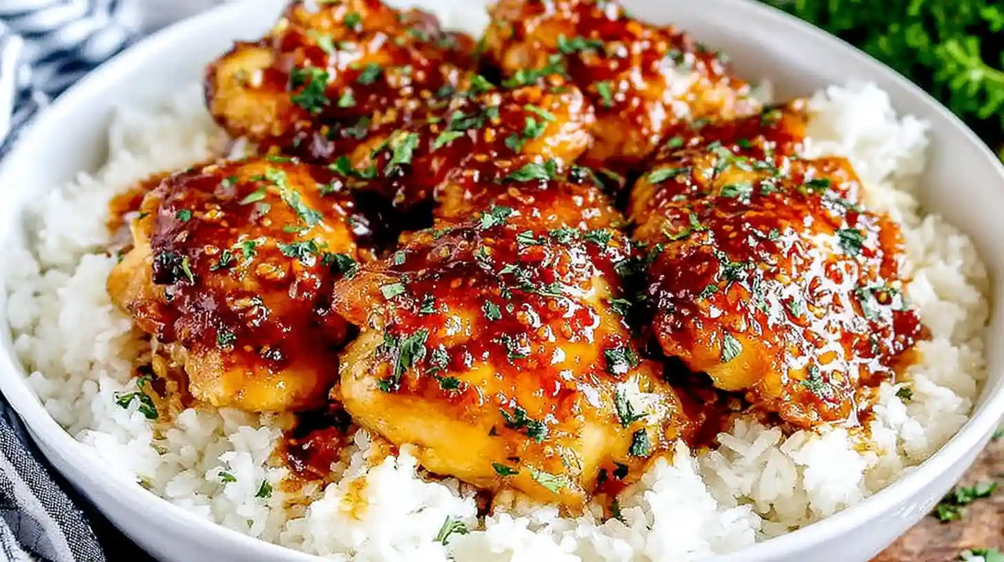 Sticky honey garlic chicken thighs glazed in a rich sauce, served over fluffy white rice and topped with fresh parsley.