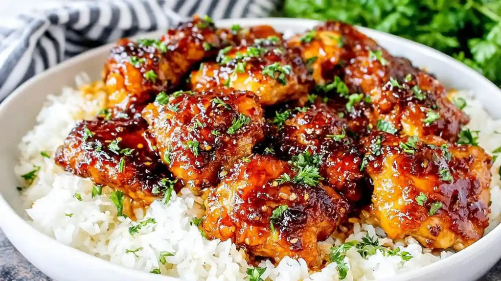 Glazed honey garlic chicken thighs served over steamed white rice, topped with chopped parsley.