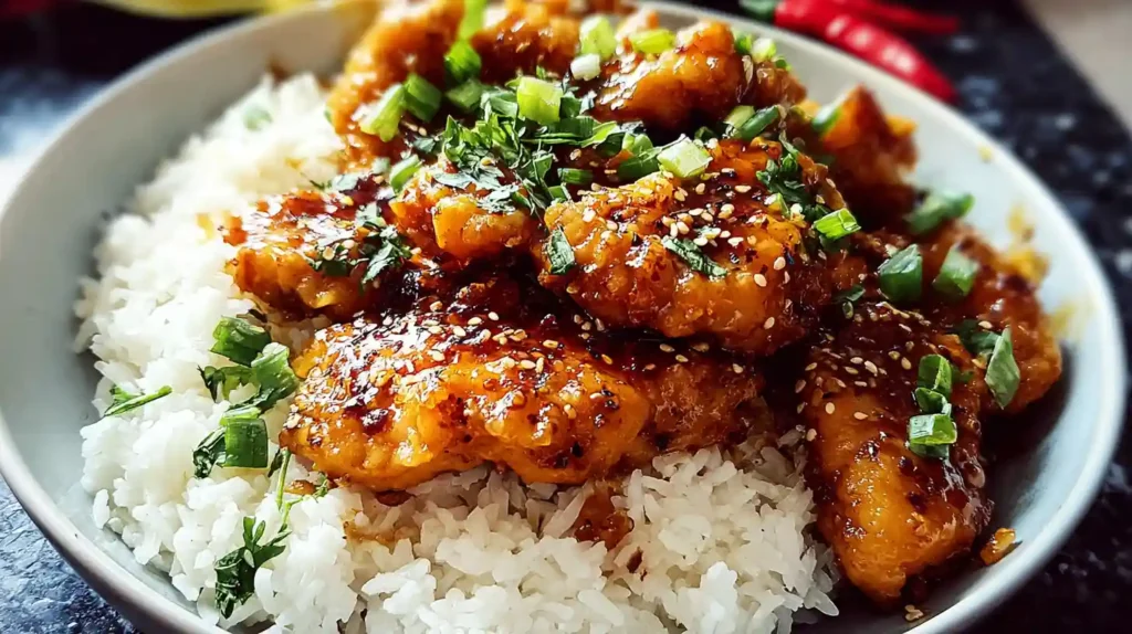Crispy honey garlic chicken pieces glazed in sauce, topped with sesame seeds and green onions, served over steamed rice.