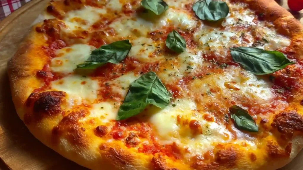 Close-up of Margherita pizza with golden crust, melted mozzarella, vibrant tomato sauce, and fresh basil leaves