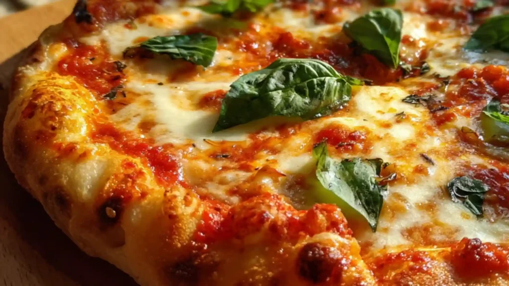 Margherita pizza with golden crust, melted mozzarella, tomato sauce, and fresh basil leaves on a wooden board