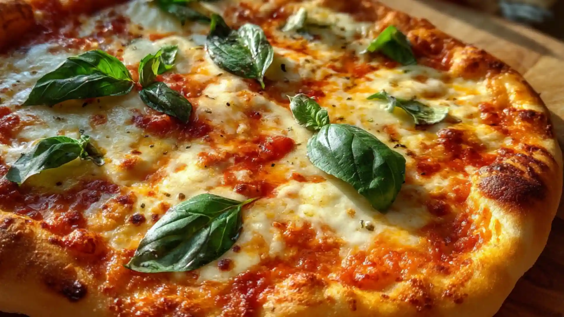 Margherita pizza with melted mozzarella, fresh basil, and golden crust on a wooden board