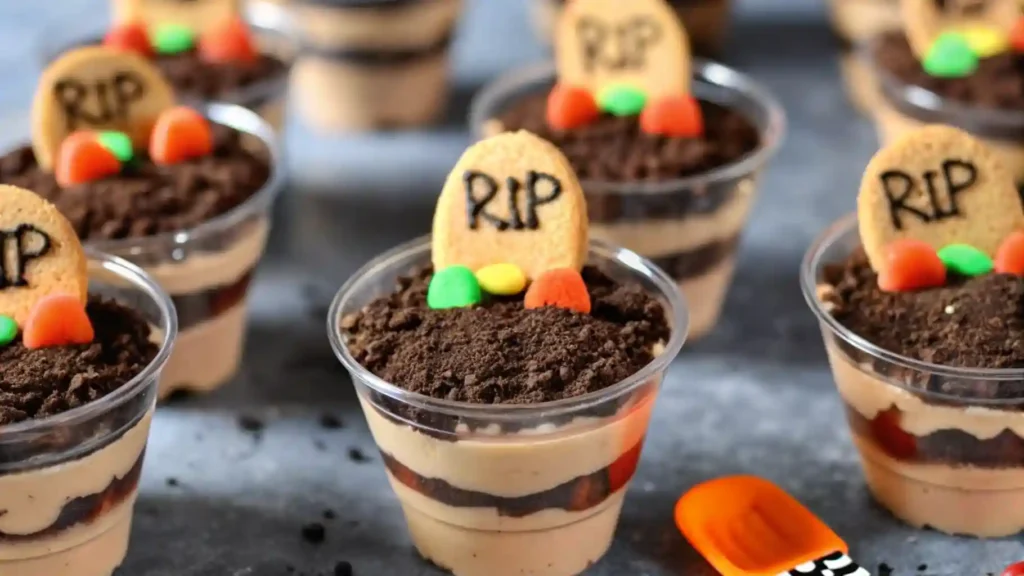 Halloween Oreo dirt pudding cups with cookie tombstones, candy, and layered chocolate pudding in clear cups on a dark background.