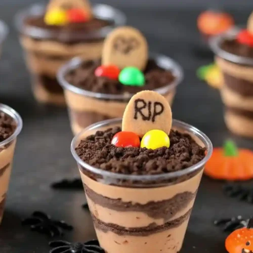 Halloween-themed Oreo dirt pudding cups layered with chocolate, topped with cookie tombstones and candy decorations.