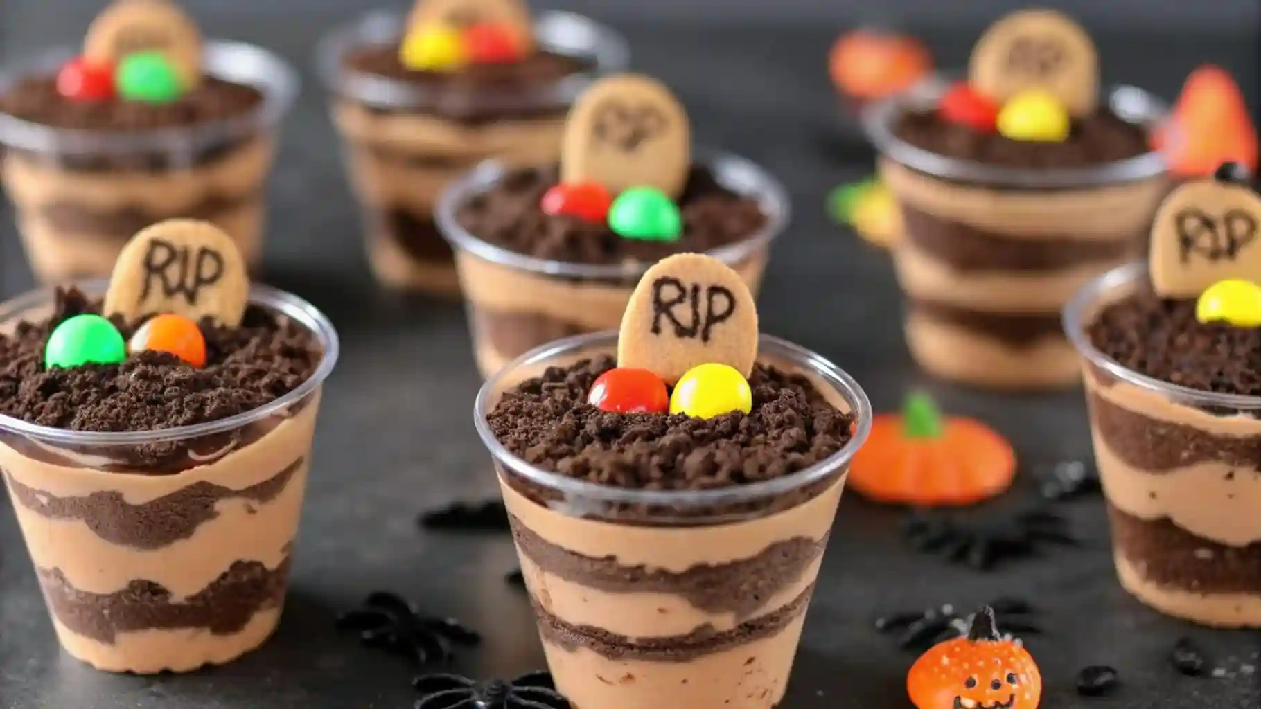 Halloween-themed Oreo dirt pudding cups layered with chocolate, topped with cookie tombstones and candy decorations.