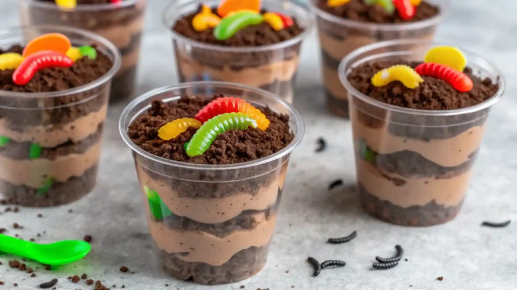 Layered Oreo dirt pudding cups topped with colorful gummy worms in clear plastic cups on a gray surface.