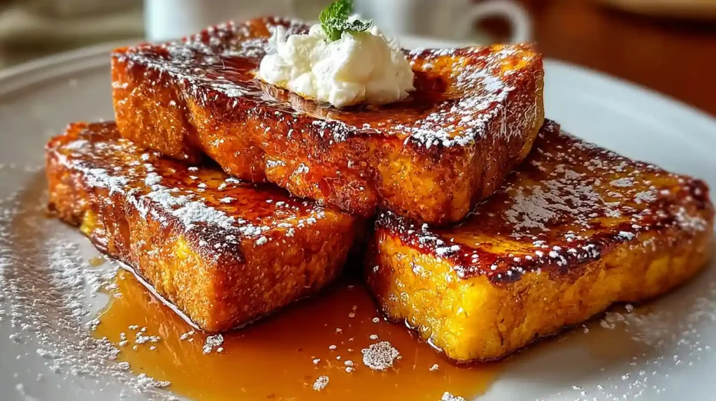 Pumpkin French Toast Breakfast stacked with syrup, powdered sugar, and whipped cream on a white plate.