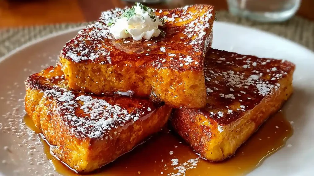 Pumpkin French Toast Breakfast topped with whipped cream, syrup, and powdered sugar on a white plate.
