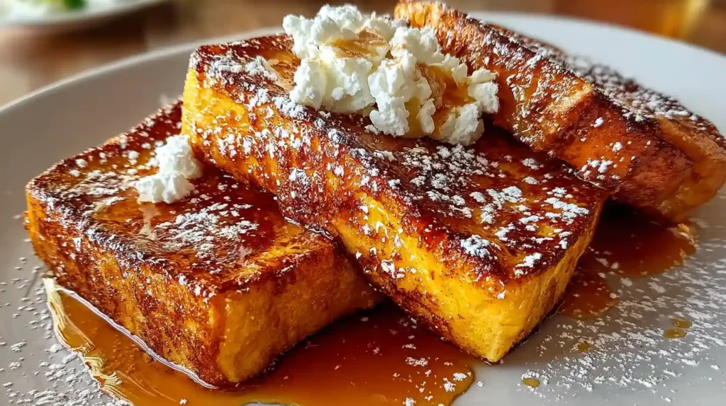 Golden Pumpkin French Toast Breakfast topped with whipped cream, maple syrup, and powdered sugar.
